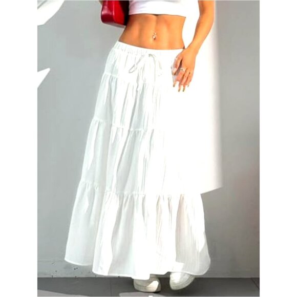 Boho Flowy Maxi Skirt Flared Ruffle Elastic Waist A-Line Chic Summer - Picture 6 of 7